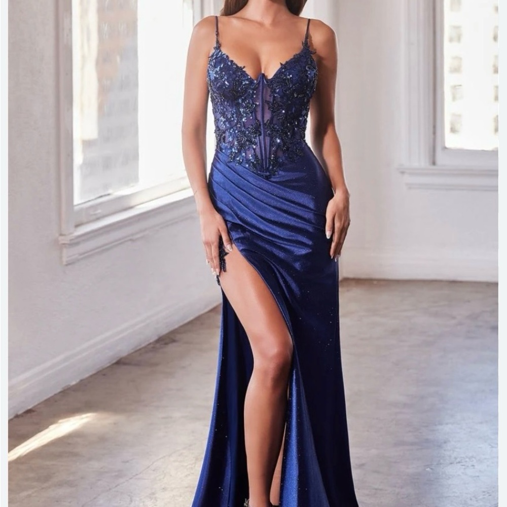 Sleek Midnight Blue Prom Dress with Embellished Bodice